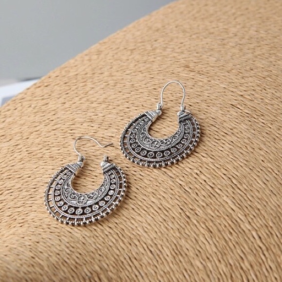 Silver Tone Filigree Boho Hoop Earrings - Picture 6 of 7